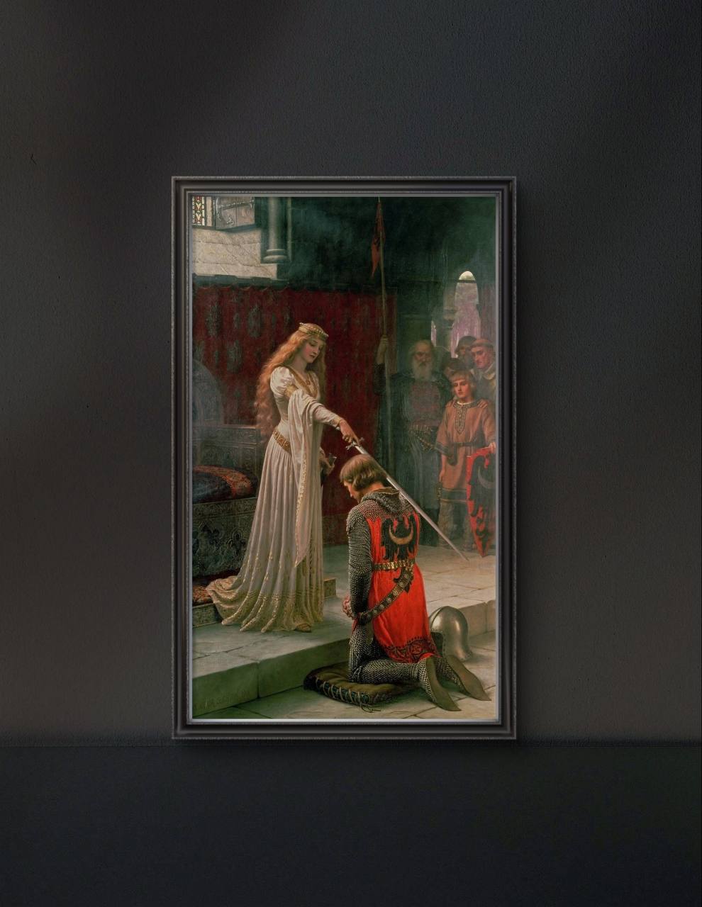  The framed artwork shows the queen knighting a kneeling warrior. Her white gown and the knight's red tunic evoke a sense of medieval legend, bringing an elegant and historical atmosphere to the room.