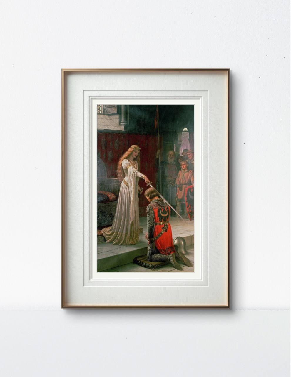 Displayed in a modern white frame, this iconic image of a queen knighting a noble warrior adds a touch of medieval romance and grandeur to the room. The serene scene of chivalry exudes timeless elegance.