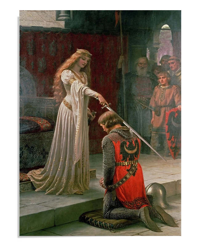A knight kneels before a queen, who gently taps his shoulder with a sword, symbolizing his knighthood. The knight wears chainmail and a red tunic, while the queen is draped in a flowing white gown, creating a moment of honor and chivalry.