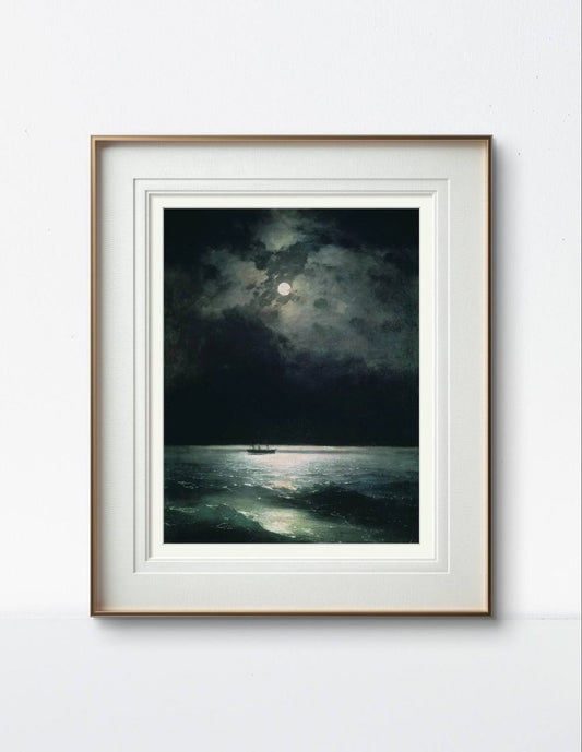 Displayed in a modern white frame, this moonlit seascape adds an element of quiet elegance to the room. The solitary ship on the dark ocean and the moonlit reflections bring a soothing, dreamlike atmosphere to the space.