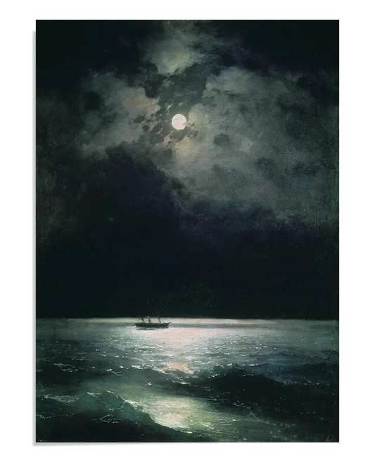 A lone ship sails across the moonlit waters of the Black Sea under a cloudy night sky. The moonlight reflects softly on the dark waves, creating a serene and mysterious atmosphere.