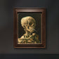 The framed artwork captures a skeleton with a cigarette between its teeth. The dark, moody tones and the surreal juxtaposition of life and death add a bold, thought-provoking touch to the room.