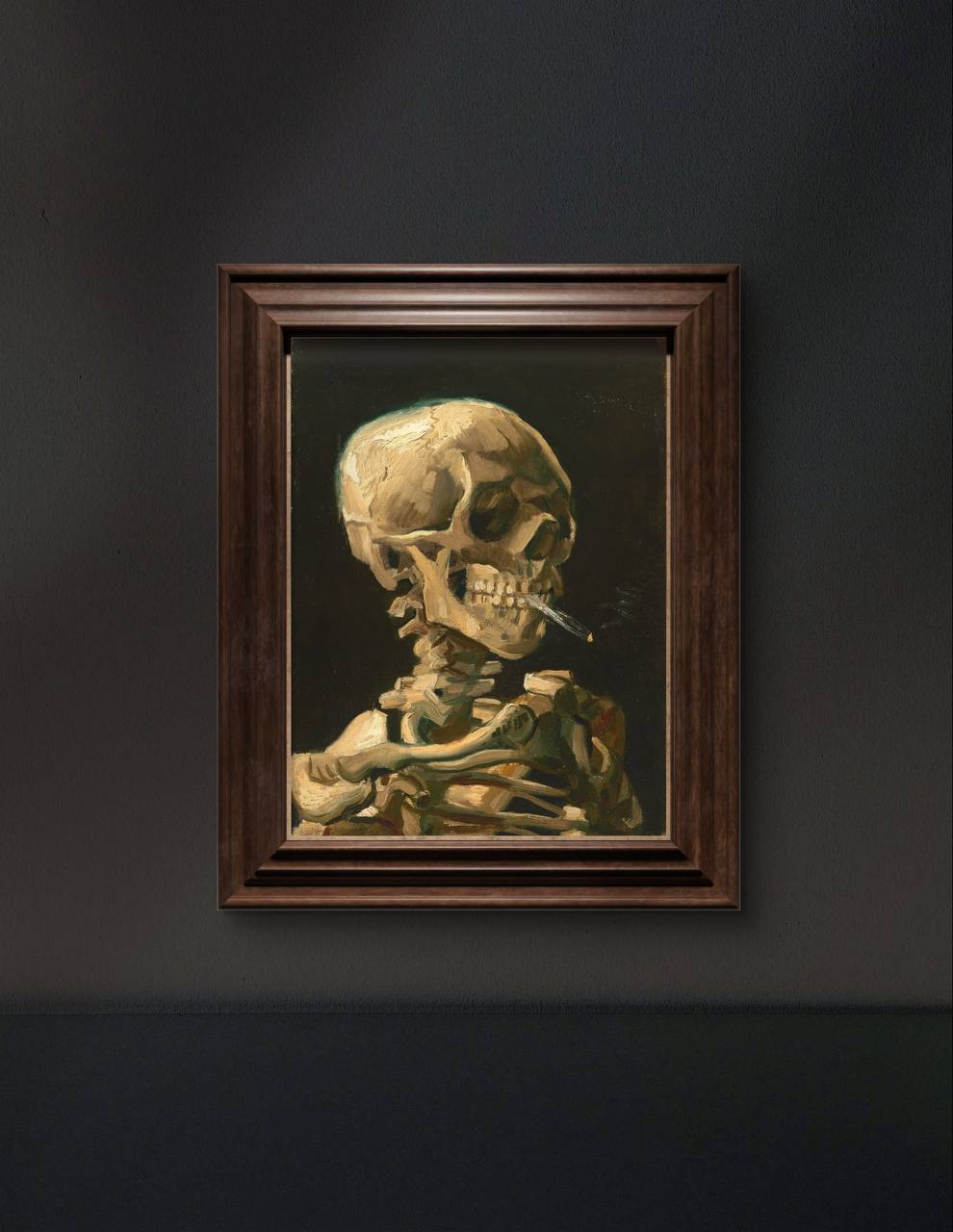 The framed artwork captures a skeleton with a cigarette between its teeth. The dark, moody tones and the surreal juxtaposition of life and death add a bold, thought-provoking touch to the room.