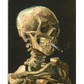 A painting of a human skeleton with a cigarette in its mouth, set against a dark background. The skeleton is carefully detailed, with light and shadow highlighting its bones, while the cigarette adds an ironic touch.