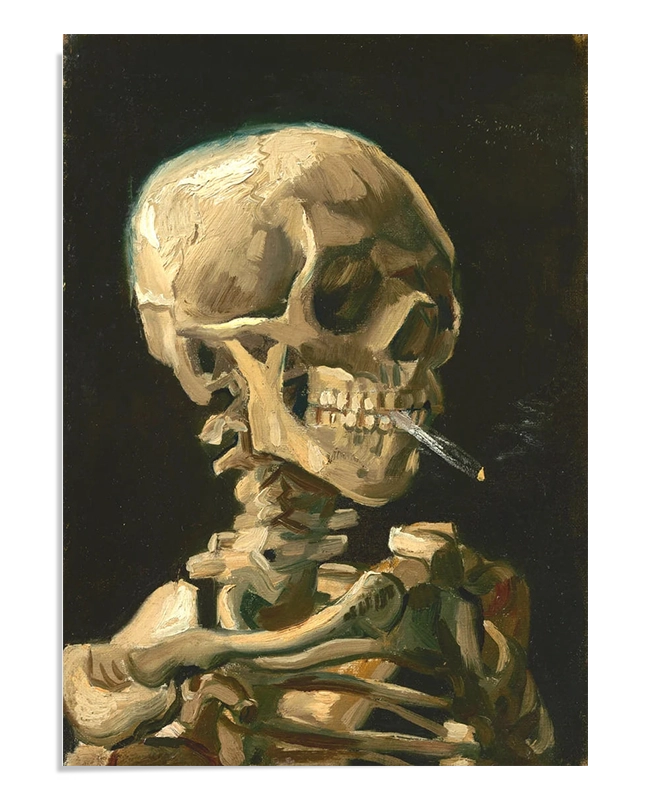 A painting of a human skeleton with a cigarette in its mouth, set against a dark background. The skeleton is carefully detailed, with light and shadow highlighting its bones, while the cigarette adds an ironic touch.