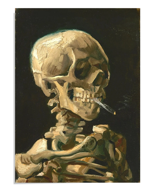 A painting of a human skeleton with a cigarette in its mouth, set against a dark background. The skeleton is carefully detailed, with light and shadow highlighting its bones, while the cigarette adds an ironic touch.
