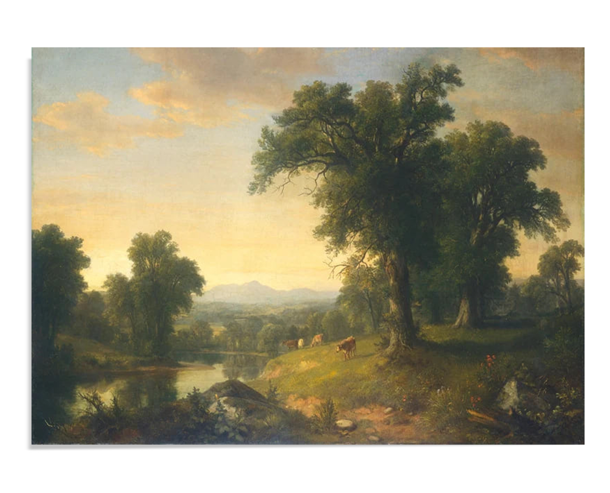 This framed pastoral landscape painting adds warmth and serenity to the room. The peaceful countryside and golden sunlight create a soothing backdrop, perfect for rustic or modern decor.
