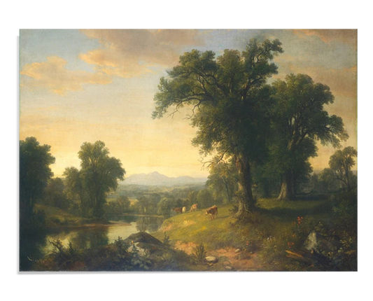 This framed pastoral landscape painting adds warmth and serenity to the room. The peaceful countryside and golden sunlight create a soothing backdrop, perfect for rustic or modern decor.