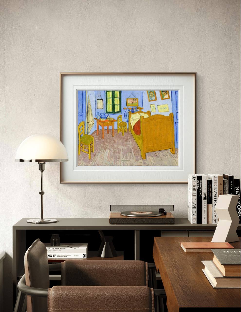 This framed version of Van Gogh's "Bedroom in Arles" adds warmth to any room with its vibrant colors and cozy depiction of the artist’s personal sanctuary. The frame enhances the artwork’s intimate and inviting atmosphere.