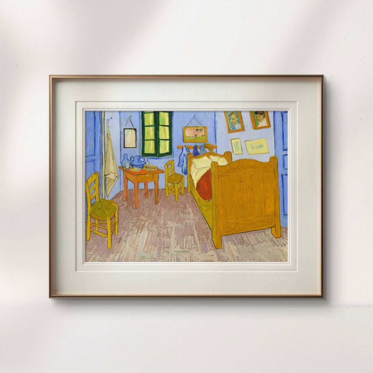 Displayed in a stylish frame, Van Gogh’s iconic "Bedroom in Arles" painting infuses the room with warmth and simplicity. The artwork’s vivid colors and minimalist design offer a perfect addition to contemporary decor.