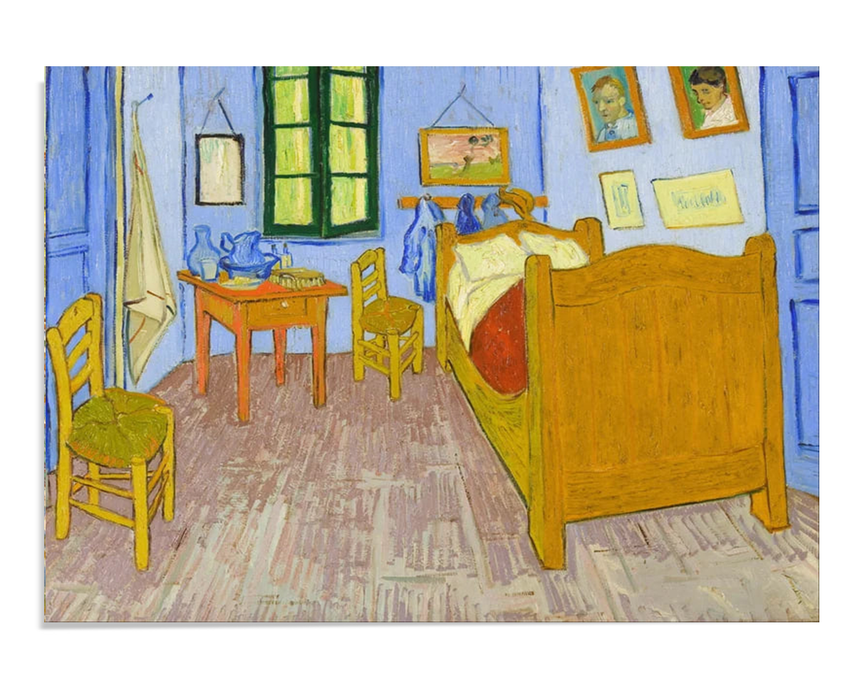 Van Gogh’s "Bedroom in Arles" features bold colors and a simplistic style. The vivid blues and yellows emphasize the artist’s intimate and personal space, evoking a sense of calm, familiarity, and everyday beauty.