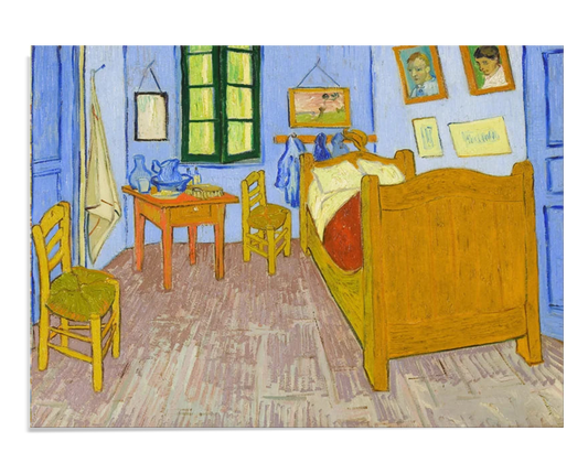 Van Gogh’s "Bedroom in Arles" features bold colors and a simplistic style. The vivid blues and yellows emphasize the artist’s intimate and personal space, evoking a sense of calm, familiarity, and everyday beauty.