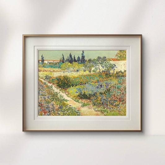 A Van Gogh-style framed garden painting with a gold border, set against a soft white background. The art is vibrant with colorful flowers, greenery, and a garden path, creating a serene and inviting atmosphere.