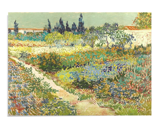  A colorful landscape painting of a lush garden with vibrant green trees, yellow, blue, and red flowers, and a path running through it. The garden is enclosed by a white wall with trees and mountains in the background.

