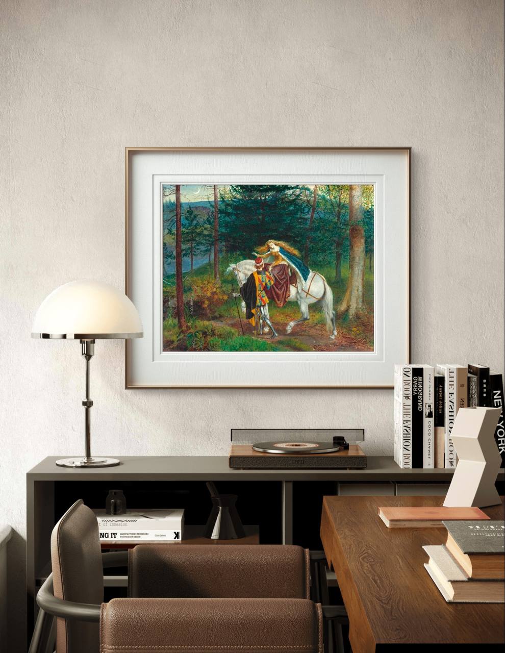 The framed artwork brings a touch of medieval charm to any space. With its vivid depiction of a knight and maiden in a mystical forest, this piece adds a sense of adventure and romance to your home decor.