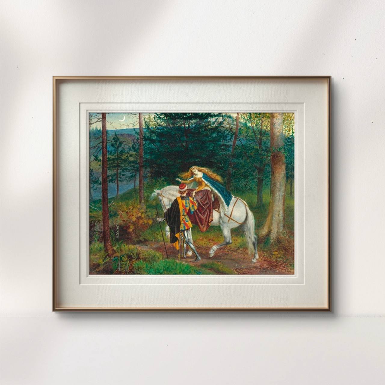 This captivating painting, framed elegantly, transforms the room with its rich colors and timeless story. The scene of a knight guiding his beloved through the woods creates a sense of history and intrigue, perfect for any setting.