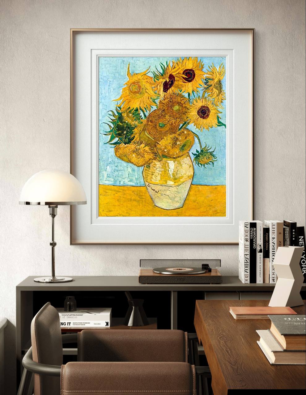 This framed rendition of van Gogh's Sunflowers adds a classic artistic touch to any space. The golden blooms, set against a light blue background, exude warmth and vitality, perfectly framed to enhance any home decor.