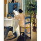 A detailed painting of a woman reading at a breakfast table. She is wearing a floral pink dress, with a blue chair and cabinet. The bright light from the open door reveals a peaceful, green outdoor scene.