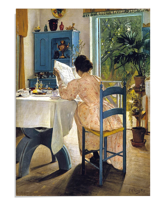 A detailed painting of a woman reading at a breakfast table. She is wearing a floral pink dress, with a blue chair and cabinet. The bright light from the open door reveals a peaceful, green outdoor scene.
