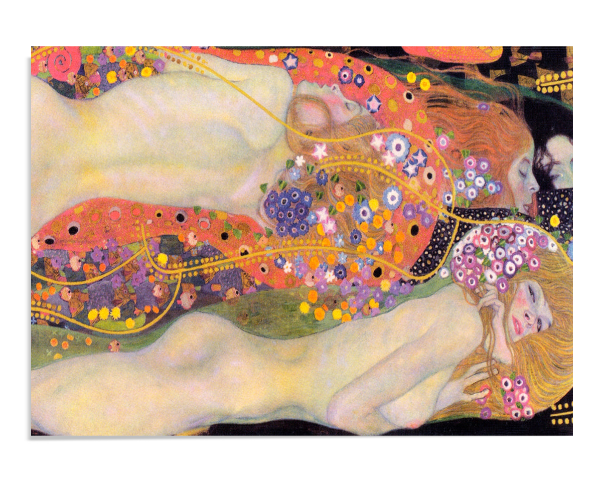 A dreamy, colorful painting by Gustav Klimt, depicting intertwined figures adorned with flowers and flowing lines. The vibrant reds, yellows, and purples create a surreal, flowing composition, evoking beauty, serenity, and sensuality.