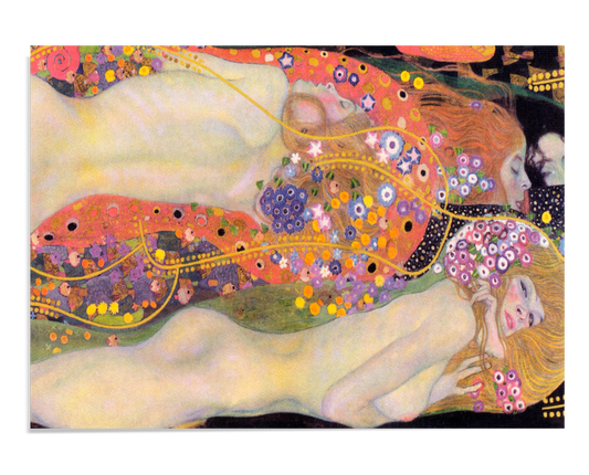 A dreamy, colorful painting by Gustav Klimt, depicting intertwined figures adorned with flowers and flowing lines. The vibrant reds, yellows, and purples create a surreal, flowing composition, evoking beauty, serenity, and sensuality.