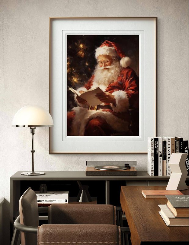 The framed artwork shows Santa Claus reading a book beside a glowing Christmas tree. The cozy, festive scene brings a touch of holiday magic and warmth to the room, perfect for the Christmas season.