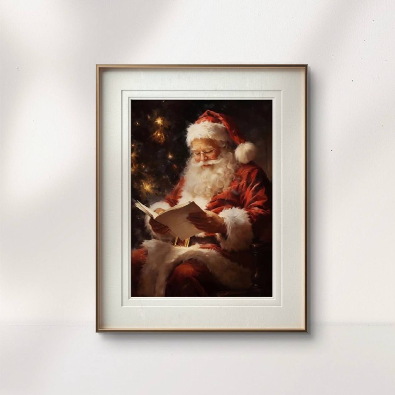 Displayed in a stylish white frame, this charming image of Santa reading a book next to a lit Christmas tree adds a delightful holiday spirit to the room, blending warmth, nostalgia, and festive cheer.