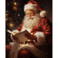 Santa Claus is seated, reading a book with a gentle smile. His classic red suit and long white beard create a warm, festive atmosphere, while the glow of a Christmas tree softly illuminates the background.