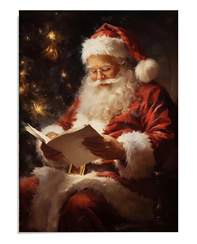 Santa Claus is seated, reading a book with a gentle smile. His classic red suit and long white beard create a warm, festive atmosphere, while the glow of a Christmas tree softly illuminates the background.