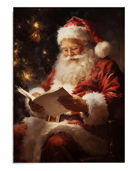 Santa Claus is seated, reading a book with a gentle smile. His classic red suit and long white beard create a warm, festive atmosphere, while the glow of a Christmas tree softly illuminates the background.