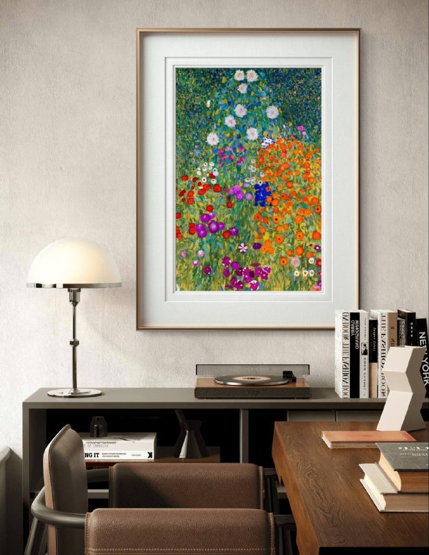 A framed floral painting with colorful flowers in shades of orange, purple, and red, displayed above a modern desk. The vivid colors of the artwork stand out against the neutral decor, creating a focal point in the room.