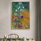 A framed painting of a colorful flower garden displayed above a dining table set with breakfast. The bright orange, purple, and red flowers in the painting contrast beautifully with the minimalist, natural decor of the dining area.