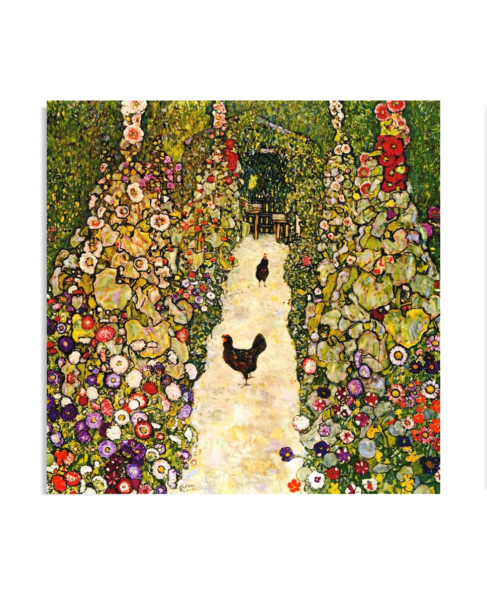 A vibrant painting of a garden path lined with colorful flowers and green foliage, with two chickens walking along the path. The lush surroundings create a peaceful, rustic scene with rich textures and vibrant colors.