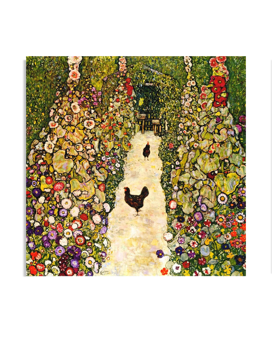  A vibrant painting of a garden path lined with colorful flowers and green foliage, with two chickens walking along the path. The lush surroundings create a peaceful, rustic scene with rich textures and vibrant colors.