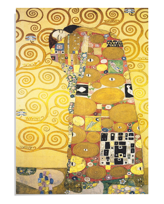 A stylized painting of two figures embracing, wrapped in a vibrant, ornate cloak filled with geometric patterns and spirals. The background is a golden yellow, decorated with swirling designs, creating a dreamy and intimate atmosphere.