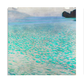 A serene painting of a calm lake with shimmering turquoise water, covered with delicate brushstrokes that mimic reflections on the surface. The distant shoreline and misty mountains add a soft, tranquil ambiance.