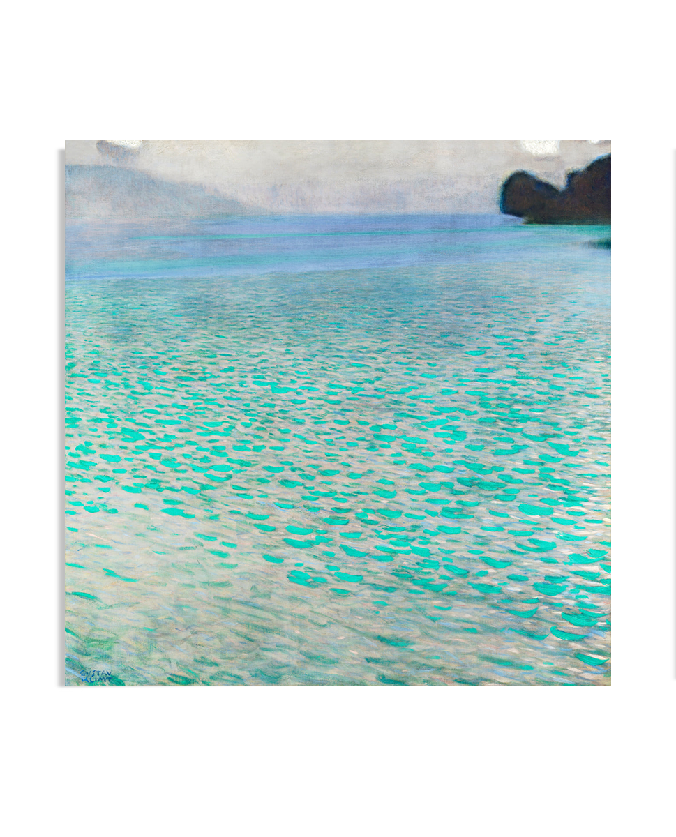 A serene painting of a calm lake with shimmering turquoise water, covered with delicate brushstrokes that mimic reflections on the surface. The distant shoreline and misty mountains add a soft, tranquil ambiance.