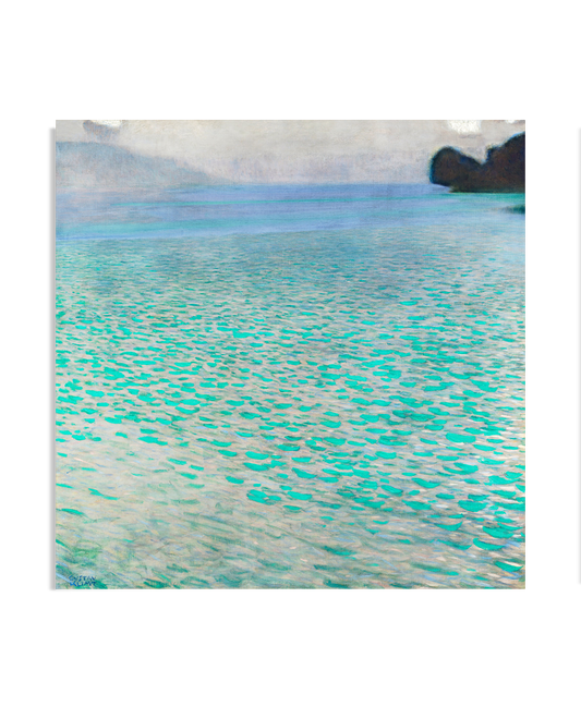 A serene painting of a calm lake with shimmering turquoise water, covered with delicate brushstrokes that mimic reflections on the surface. The distant shoreline and misty mountains add a soft, tranquil ambiance.