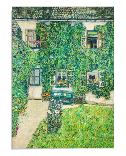 A charming painting of a house covered in lush green ivy, with open windows adorned with flowers. The foreground shows a small garden with a path leading to the front, evoking a peaceful, countryside setting.