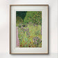 A framed painting of a rose-filled garden surrounded by fruit trees, displayed against a light wall. The intricate details of the flowers and foliage add a refreshing and vibrant touch to the room's decor.