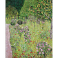  A colorful painting depicting a garden filled with blooming roses and fruit trees. The lush green background contrasts with the vibrant pinks, reds, and yellows of the flowers and fruit, creating a lively and serene natural scene.