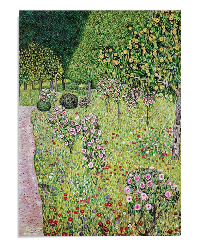  A colorful painting depicting a garden filled with blooming roses and fruit trees. The lush green background contrasts with the vibrant pinks, reds, and yellows of the flowers and fruit, creating a lively and serene natural scene.