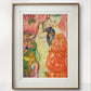 The same painting as Image 1, displayed in a simple wooden frame with white matting. It is showcased against a light-colored wall, emphasizing the vibrant colors of the artwork.