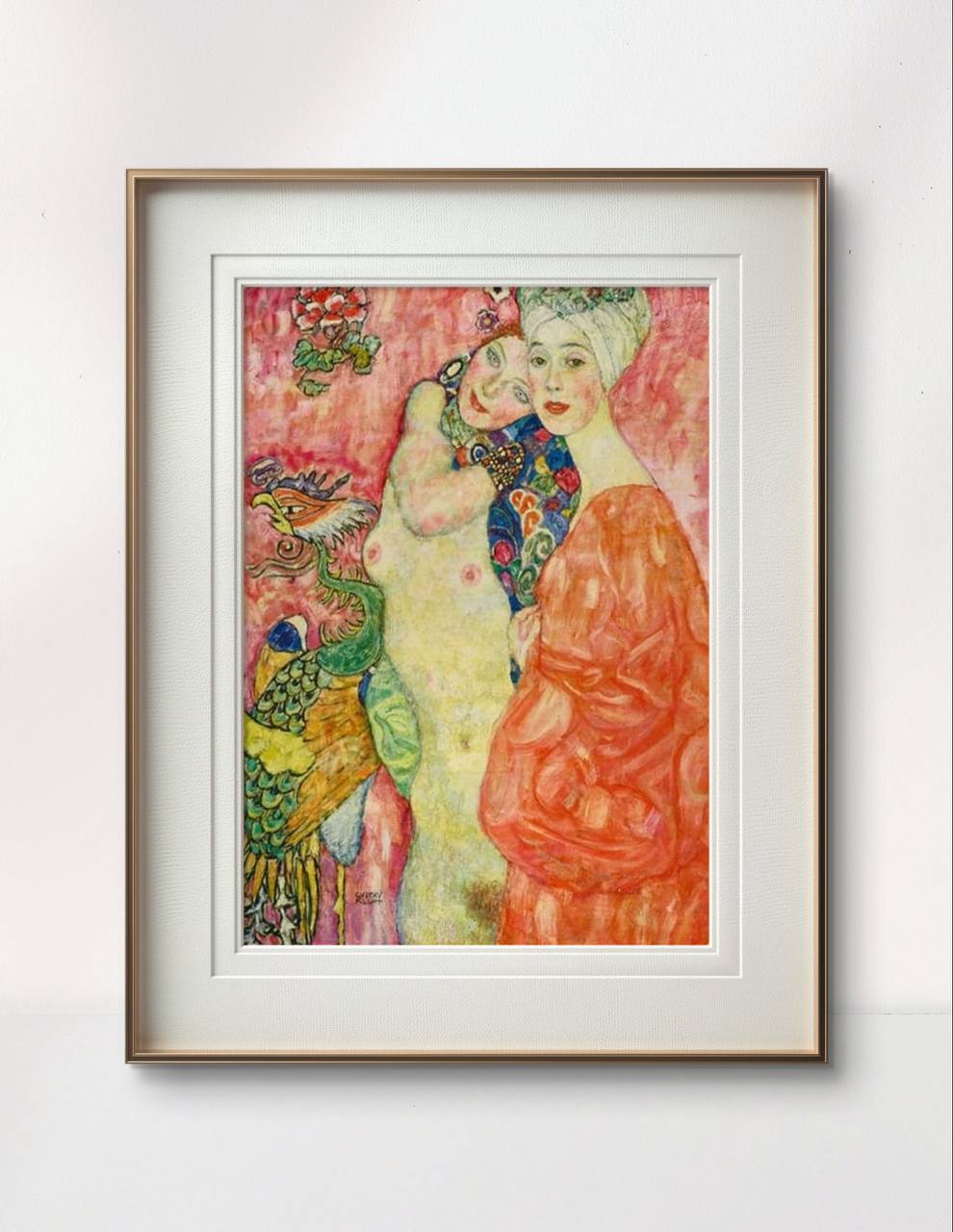 The same painting as Image 1, displayed in a simple wooden frame with white matting. It is showcased against a light-colored wall, emphasizing the vibrant colors of the artwork.