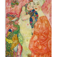 A painting featuring two women in colorful, intricate robes. One wears an orange robe with a white headscarf, while the other is draped in a patterned garment. A vibrant mythical bird stands beside them, and the background is a soft pink.

