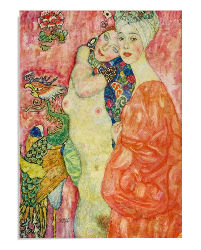 A painting featuring two women in colorful, intricate robes. One wears an orange robe with a white headscarf, while the other is draped in a patterned garment. A vibrant mythical bird stands beside them, and the background is a soft pink.

