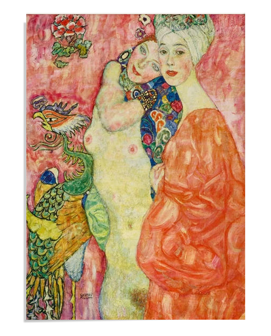 A painting featuring two women in colorful, intricate robes. One wears an orange robe with a white headscarf, while the other is draped in a patterned garment. A vibrant mythical bird stands beside them, and the background is a soft pink.

