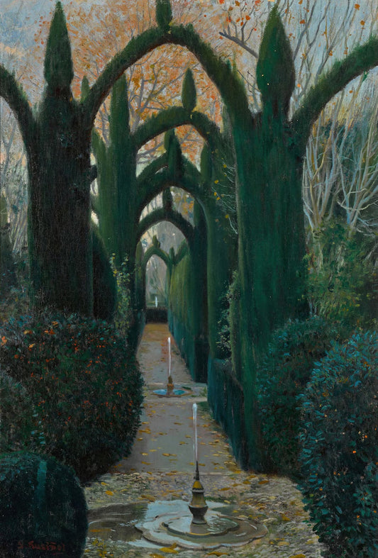 A serene garden path with tall, dark green hedges forming arches. The path is lined with small fountains, and autumn leaves scatter the ground. The trees in the background have bare branches, adding a tranquil atmosphere.
