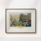 The same painting framed in a simple wooden frame with white matting, showing colorful flower beds and trees next to a reflective pond. The label beneath reads "Claude Monet – A Corner in the Garden at Montgeron, 1876.
