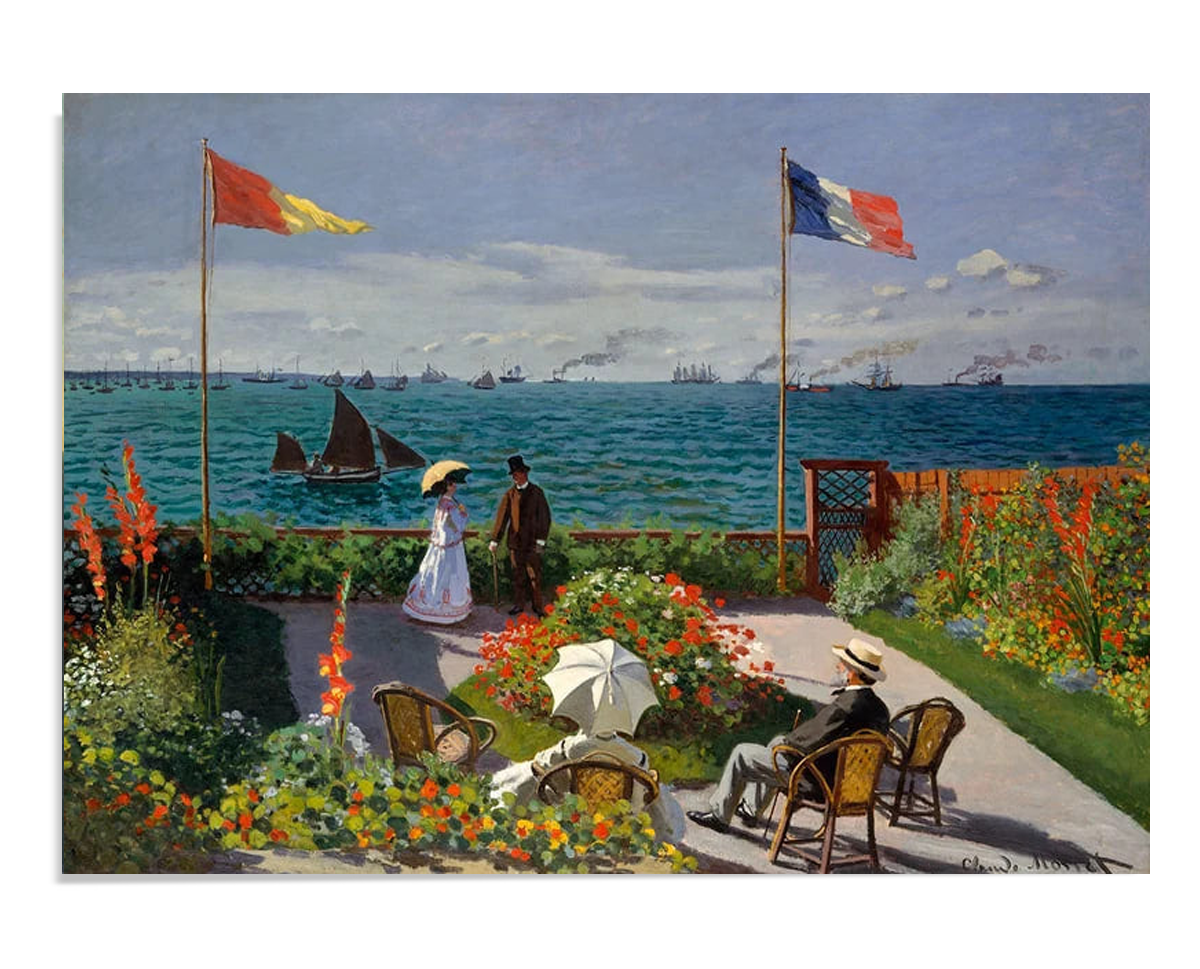 A garden overlooking the sea, with French and yellow-red flags flying high. People relax in wicker chairs while a couple strolls by. Sailboats float on the calm blue water, and bright flowers surround the patio
